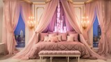  a bedroom decorated in pink and gold with a castle in the window and a bench in front of the bed.