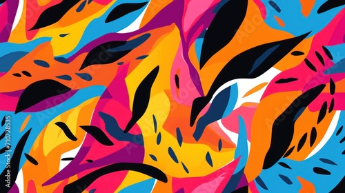  a multicolored pattern of leaves on a blue, yellow, pink, orange, and black background is shown. © Anna