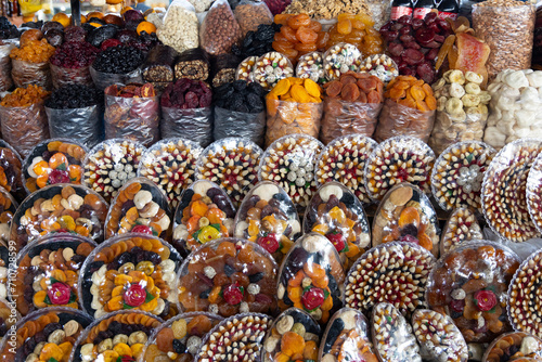 Assortment of organic dried fruits mix in local bazaar market of Yerevan