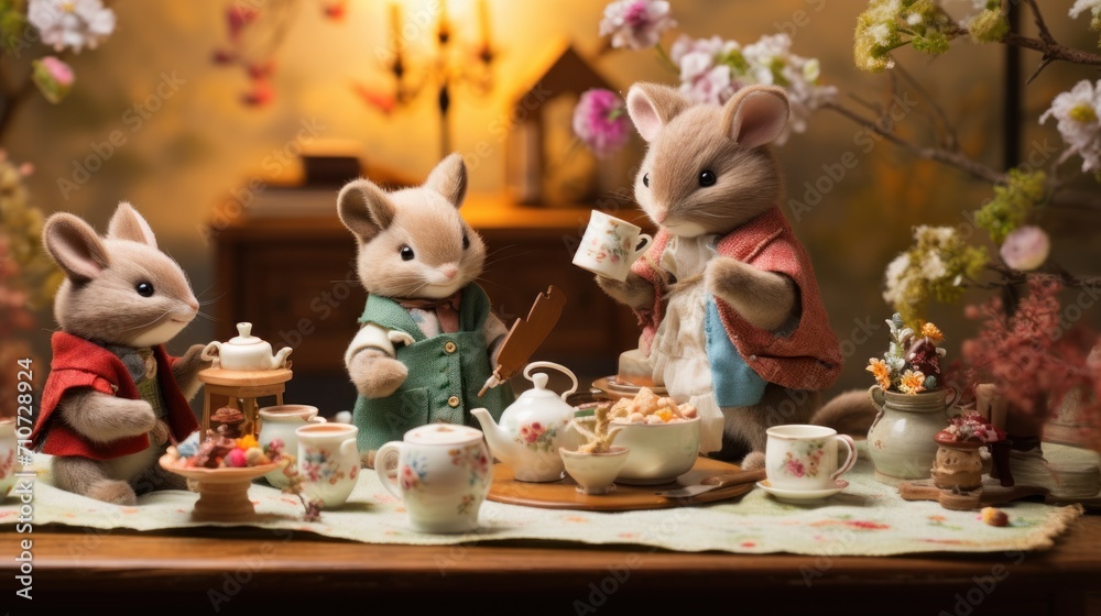  a group of toy mice sitting at a table with tea cups and tea kettles on top of a table.