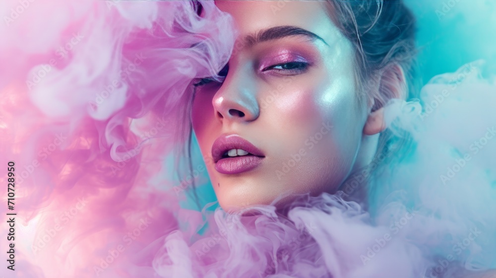 Young woman surrounded by a purple pink cloud of smoke on isolated pastel blue background. Abstract fashion concept. Close-up portrait of top model.