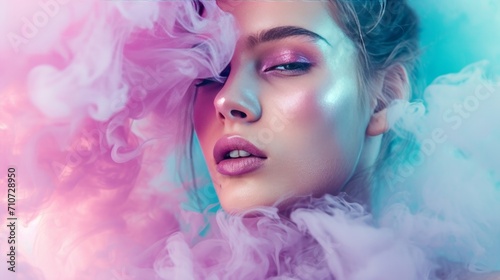 Young woman surrounded by a purple pink cloud of smoke on isolated pastel blue background. Abstract fashion concept. Close-up portrait of top model. © Emil