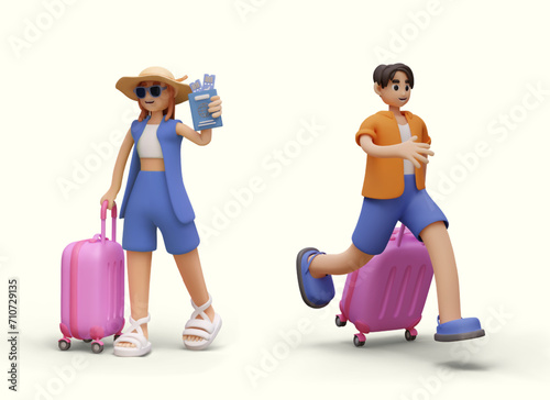 Tourists are in hurry. Woman walks with plane tickets in her hand, man runs with suitcase. Concept of last minute tours offer. Hot offer from travel agency. Vector 3D illustration