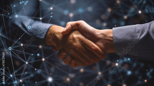 Deal. business man shaking hands with effect global network link connection and graph chart of stock market graphic diagram, digital technology, internet communication, teamwork, partnership concept photo