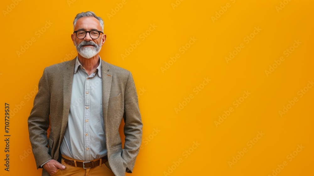 Middle-aged man in a suit Filled with warmth and confidence Picture of raised waist with a sincere smile Looking straight at the camera High quality images captured in real and authentic moments on a 