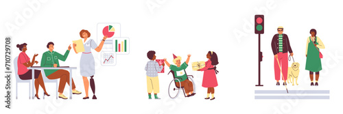 Disability people, set of cartoon flat vector illustrations on white