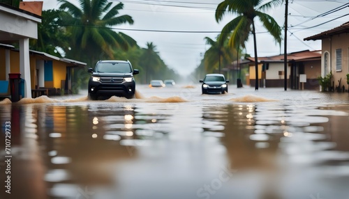 impact of natural disaster - cars on flooded road. Flood due to climate change. natural disaster. automobiles are driven of a flooded street.