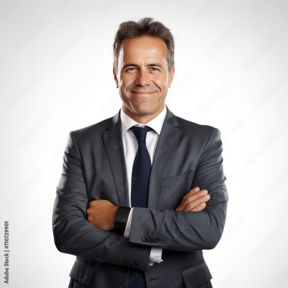 A businessman, in a suit, standing with his arms crossed, smiling A businessman, in a suit, standing with his arms crossed, smiling