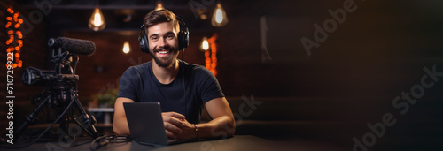 smiling young man with headphones talking on microphone at home