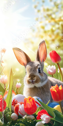 Easter Bunny Amidst Spring Tulips and Painted Eggs