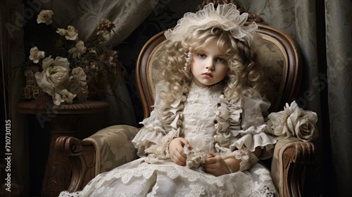  a little girl in a white dress sitting in a chair with a flower in her hair and a flower in her hair.