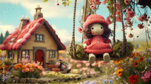  a doll sitting on a swing in front of a house with a red roof and a red roof on it.