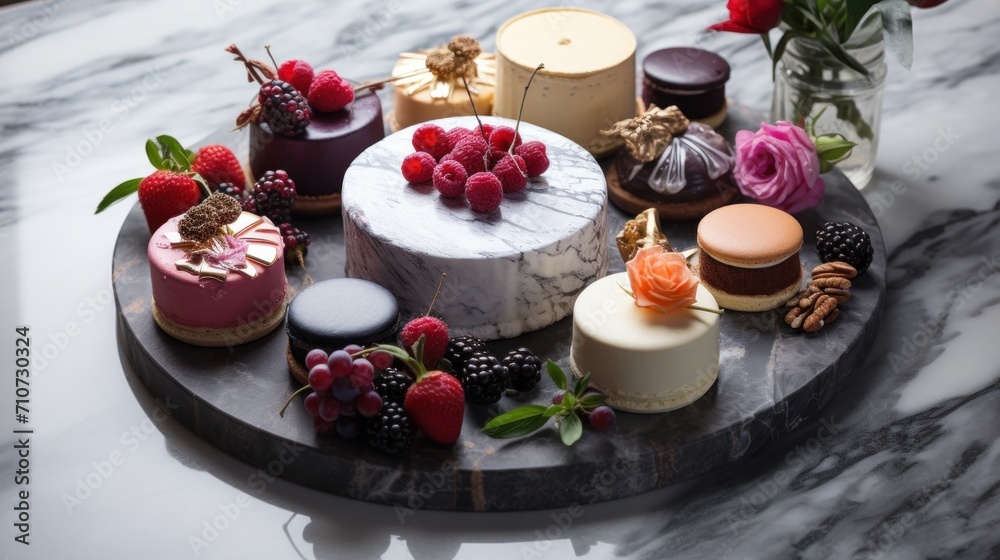 a table topped with cakes and flowers on top of a marble slab of counter top next to a vase filled with flowers. a table topped with cakes and flowers on top of a marble slab of counter top next to a vase filled with flowers.