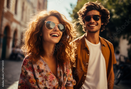 Portrait of happy young couple in sunglasses looking at camera while walking outdoors