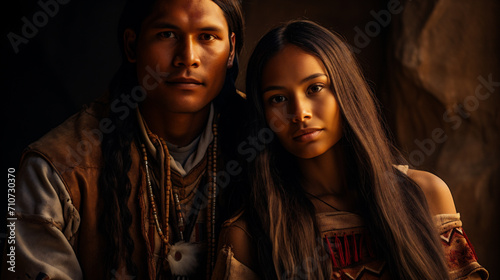 Portrait of a young couple in native american clothing looking at camera photo