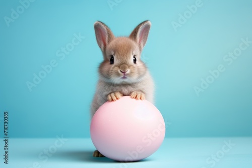 Cute Easter bunny with a pink egg on a blue background. © Владимир Солдатов