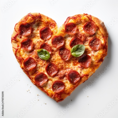 Heart shaped pizza with pepperoni and mozzarella on white background