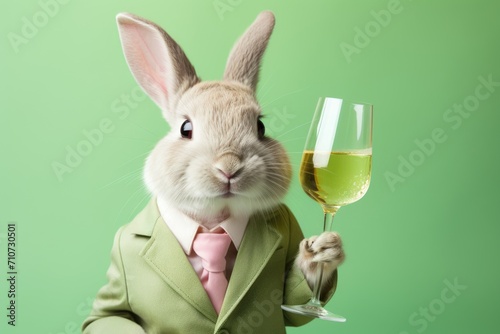 Easter bunny with a glass of wine on a green background.