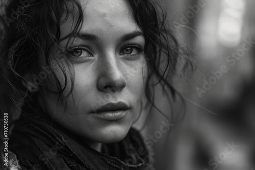 Black and white portrait of a beautiful young woman in the street.