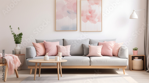 A modern living room's interior design features a grey sofa adorned with pink pillows and a blanket against a white wall with an abstract art poster.