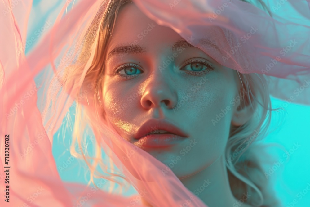 Portrait of a beautiful blonde girl in a pink silk scarf. Portrait of a beautiful blonde girl in a pink silk scarf.