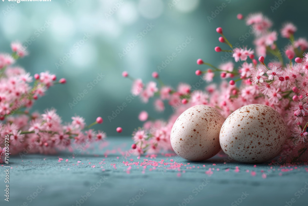 Easter eggs with pink sakura flowers on blue wooden background.