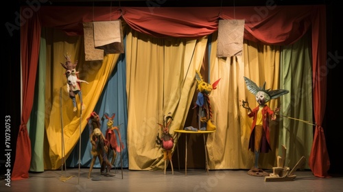  a group of puppets on a stage with drapes and drapes hanging from the ceiling and drapes hanging from the ceiling.