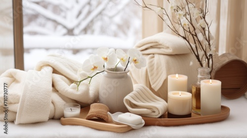  towels, candles, and a vase on a table in front of a window with a snowy scene in the background.