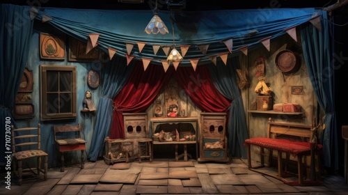  a stage set with a blue curtain and red drapes and a wooden desk with a red chair in front of it.