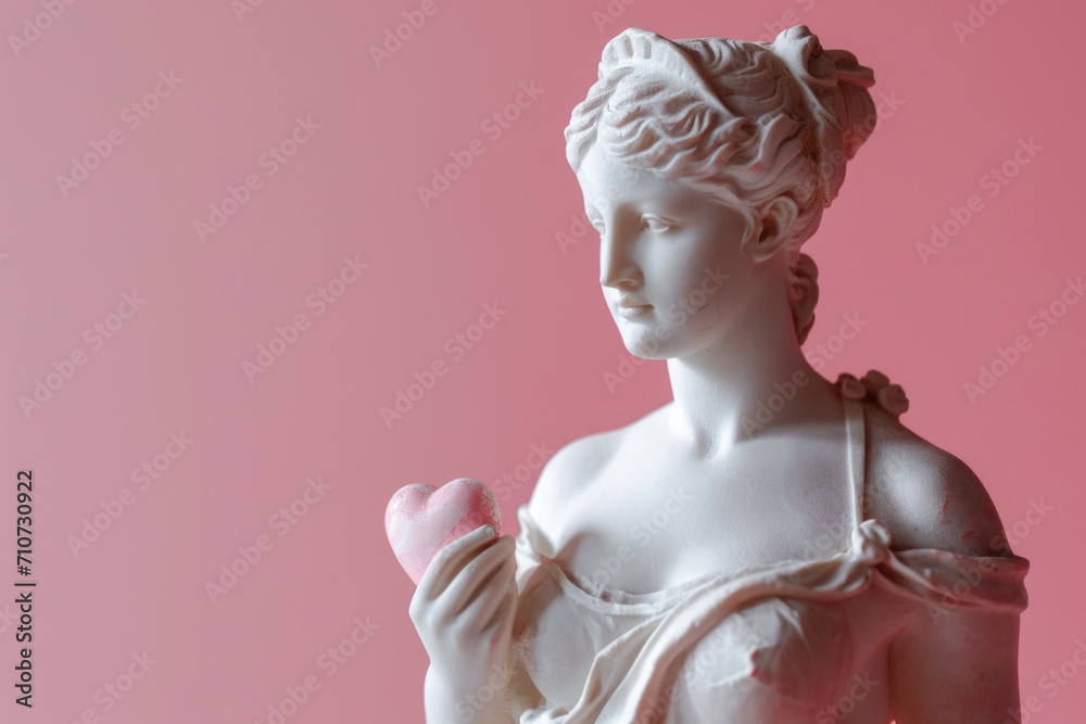 Statue of Aphrodite holding a pink heart, on a pink background.