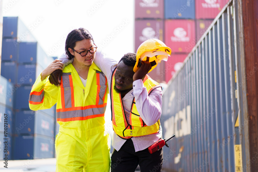 American African black ethnicity worker have an accident while working at the container yard then emergency - rescue medical officer come to rescue him. American African black ethnicity worker have an accident while working at the container yard then emergency - rescue medical officer come to rescue him.