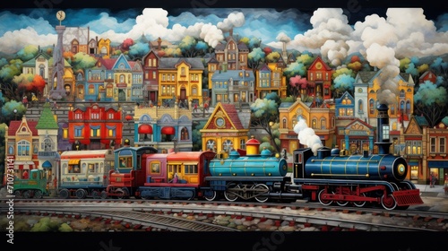  a painting of a train on a train track in front of a city with lots of buildings and a person standing on top of the train.