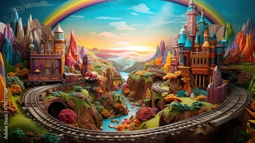  a painting of a train on a train track with a rainbow in the sky and a castle on the other side of the track.
