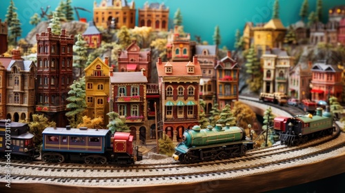  a model of a town with a train on the tracks and trees on the other side of the train tracks.
