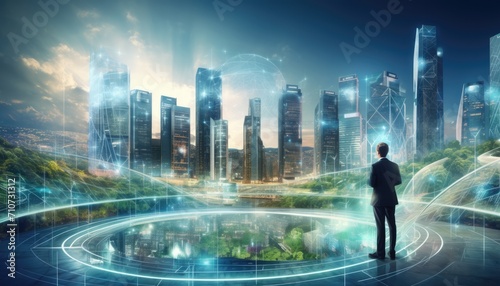 Human interaction of advanced technology based on AI hologram with greenery city concept  eco-friendly city with hologram network light bulb screen icons for energy source renewable.