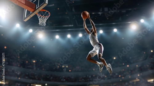 A basketball player in mid-air, executing a powerful dunk, captured against the backdrop of a buzzing arena
