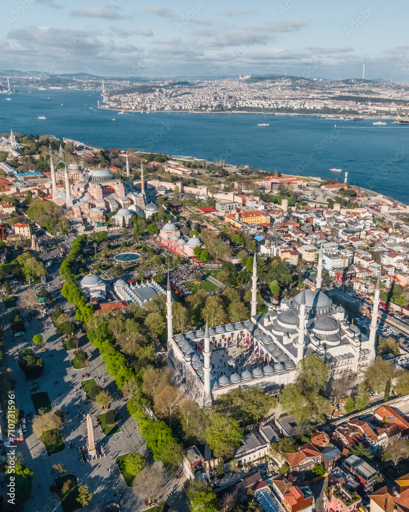 Aerial view of Hagia Sophia mosque and the Blue Mosque in Sultanahmet ...