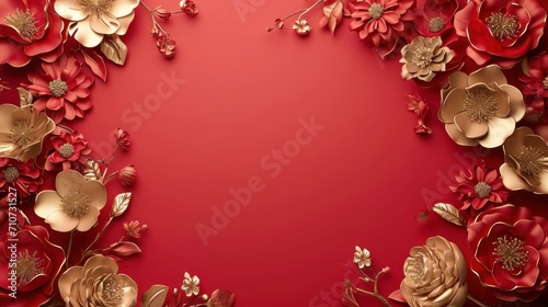 Cute red and gold Chineese floral frame background with copy space