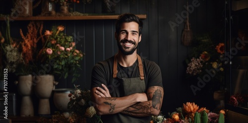 handsome florist man standing with arms crossed