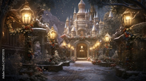  a christmas scene with a castle in the middle of a snow covered forest and a walkway leading to a lit up entrance.