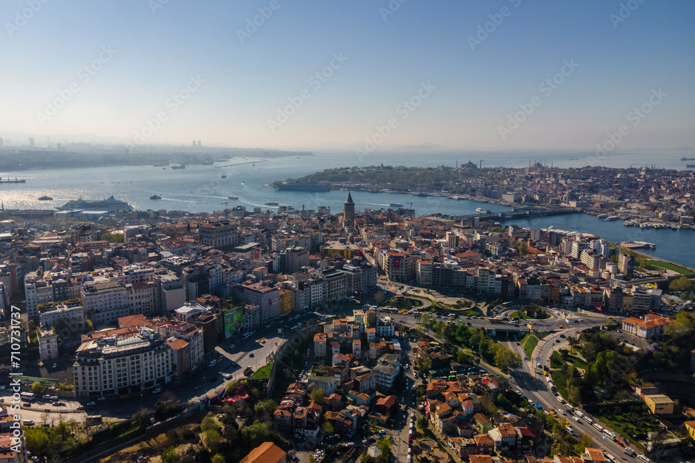 Aerial view of the Galata tower in Beyoglu district on the European side of Istanbul downtown, Turkey. Aerial view of the Galata tower in Beyoglu district on the European side of Istanbul downtown, Turkey.