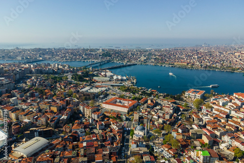 Aerial view of Istanbul European side, view of Beyoglu district and the Galata bridge on the Golden Horn, Turkey. photo