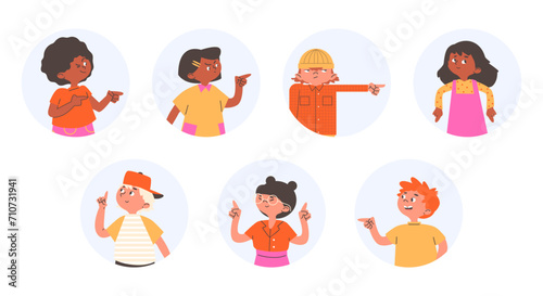 Kids show hands gesture with the index fingers, set of cartoon vector