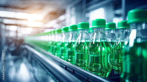 Bottling green colored beverages in plastic bottles. Postproducted generative AI illustration. 