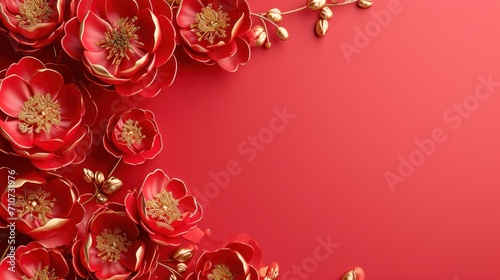 Cute red and gold Chineese floral frame background with copy space