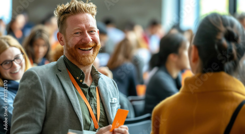 educator holding a business card while smiling with people in a classroom