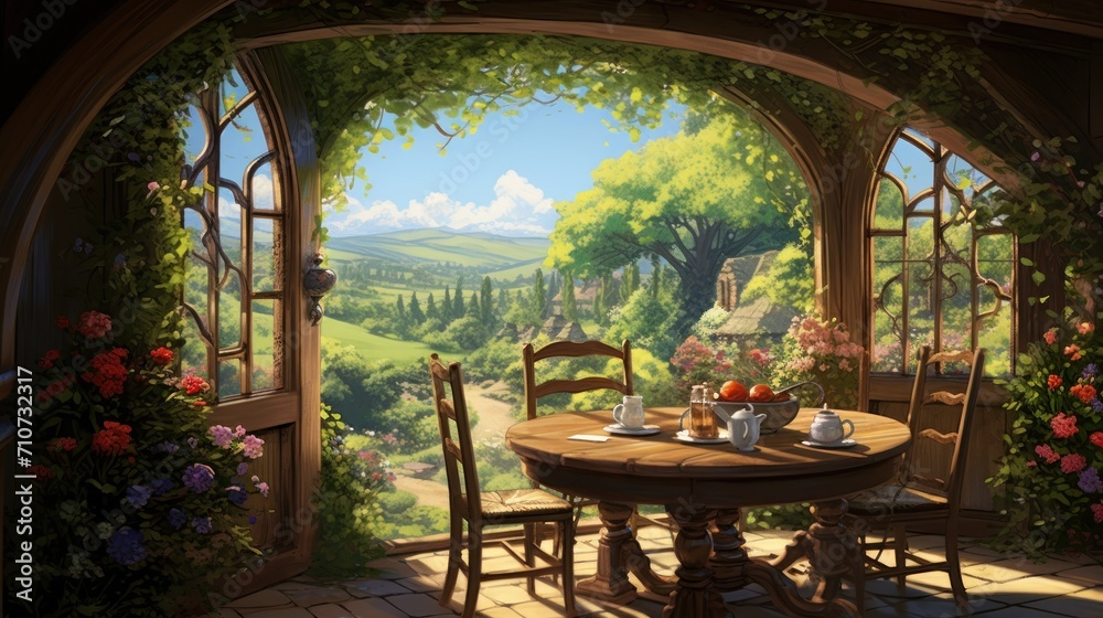 Fototapeta premium a painting of a table and chairs in front of an open window with a view of a lush green countryside.
