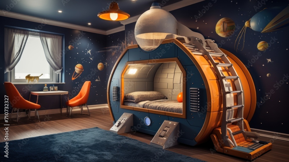 Fototapeta premium a child's bedroom with a space themed bed in the middle of the room and a ladder leading up to the bed.