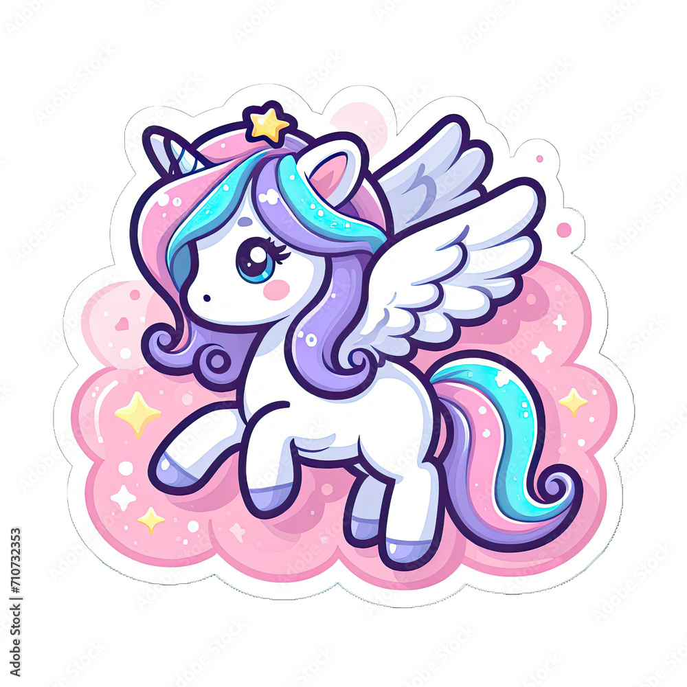 Generative AI Cute Little Unicorn Sticker, cute little baby unicorn sticker, cute tiny pegasus stickers, adorable baby stickers, lovely tiny unicorn stickers, cute little rainbow unicorn stickers