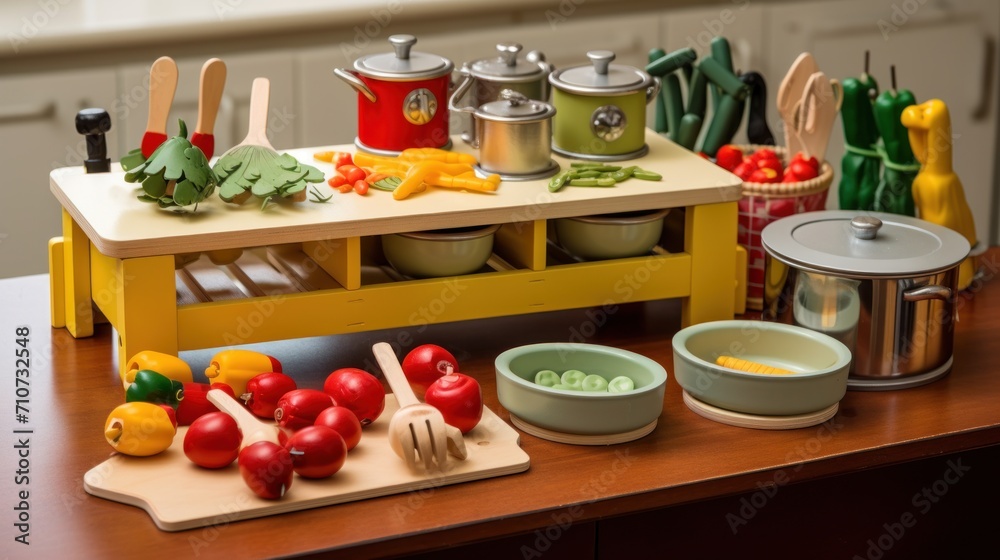  a wooden table topped with pots and pans next to a cutting board filled with fruit and veggies.